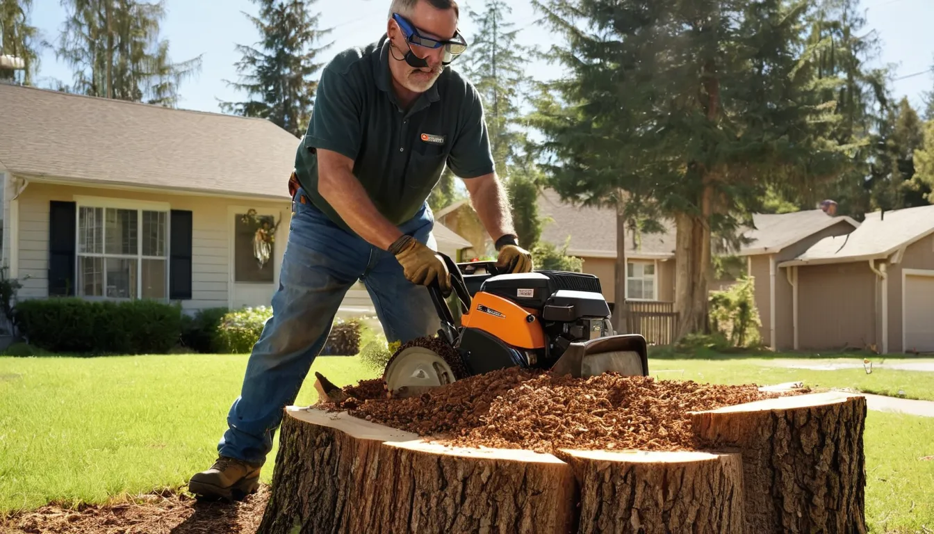 Provider grinding an old tree stump in a residential yard in Castle Pines